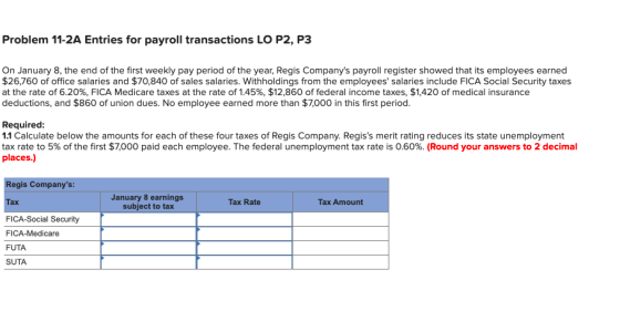 Problem 11-2A Entries for payroll transactions LO P2, P3 On January 8, the end of the first weekly pay period of the year, Re