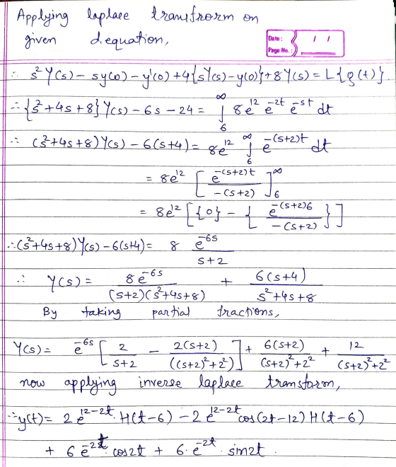 dion Date : ? Page No.: Date: 3 Applying laplace transfrorm on given dequation, ... $PYCs) – syco) - y.co) +4{scs) – y(0)}+84