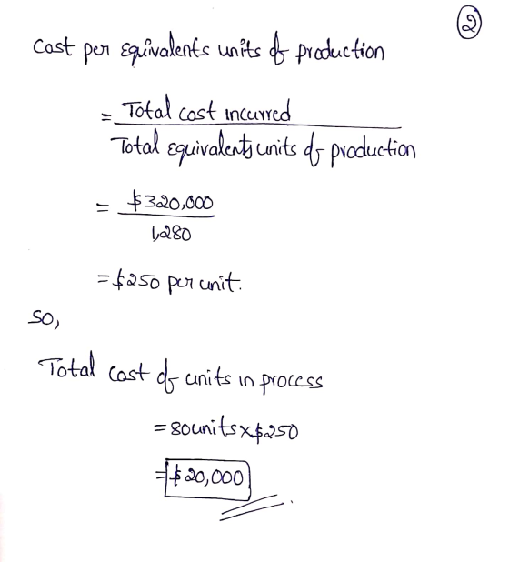 lo Cost per Equivalents units of production Total cost incurred Total equivalents units do production - $320,000 1,280 =$250