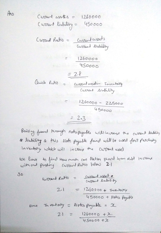 Any Current assas = Current liability - 1260000 450000 Current Retio = Current assets Current liability 1260000 450000 = 2.8