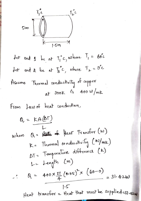 Som 1:5m det end 1 be at T°c, where T, = 6oc det end å be at c, where T, - oc Accume Thermal conductivily copper of 400 W/