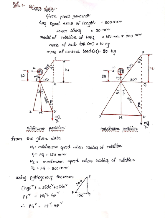 Sol mm Given data:- Given proell governor has Ewal arms of length - 300 mm lower links radü of rotation of balle = 150 mm 4 2