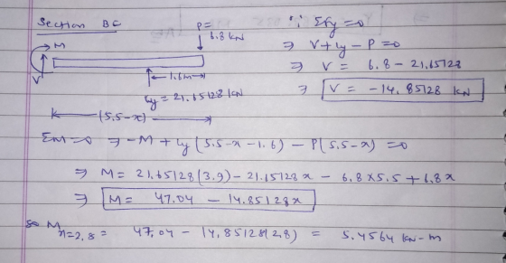 Section BC A bibkn & Utly-pe K Em 3 r = 6.8 - 21,65722 22 15 128 IN 3 IV = -14,85728 KN 15.5-24) x 7-M + ly [sis-a-1.6) - Pls