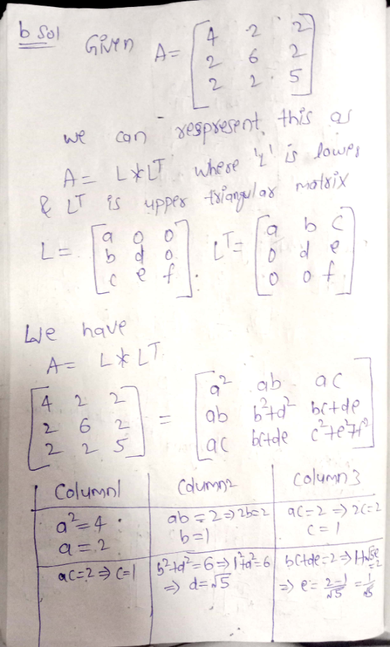 b Sol Given A 4 2 2 6 2 12 2.5 we can respresent this as A = L*LT where y is lowes & LT is upper triangular matrix , a 007 I