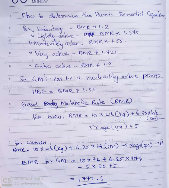 U MONDAY 27 28 12 How to dekomine the Harris - Benedict Equation for Sedentary - BMR X 1.2 4 Lightly active a oa BMRK 1.375