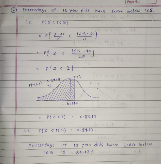 Page No.: percentage of 18 year olds have ouble P ( X (165) score below 165. to pl ie. = pfx-tec 165.4) 165-140 PAZ 165,149)