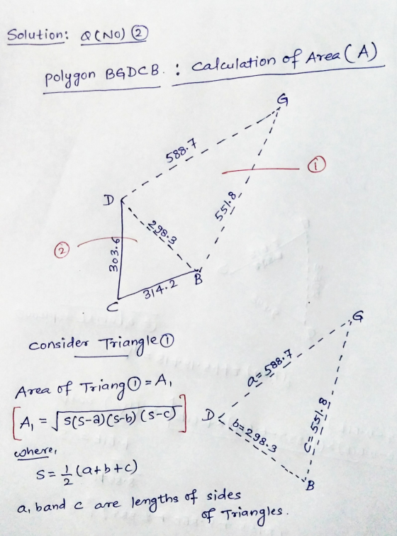 Solution: (NO) ☺ polygon BGDCB. : calculation of Area (A) ---- - Dr -- 1881- ---298.3 ---551.8 303.6 314.2 C - -- a=588.7 --