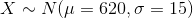 X \sim N(\mu = 620, \sigma = 15)