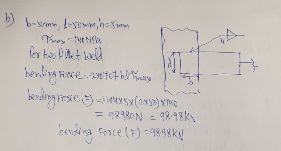 th b) b= somm, da v mm, h=5mm Tmax = nompa for two fillet weld 1 bending Force=240.707 hlmax bendings Force (1) =LMX 5X(2X5D)