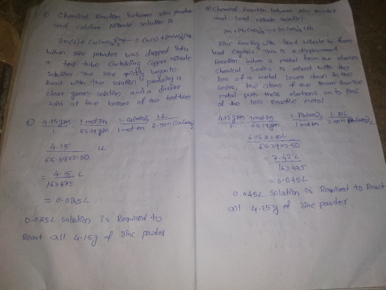 o Chemical Reaction between der zinc powder Calcin Nitale solution is Mitrate ③ Chemical Reaction between sine powder and lea