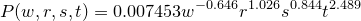 \small P(w,r,s,t)=0.007453w^{-0.646}r^{1.026}s^{0.844}t^{2.489}