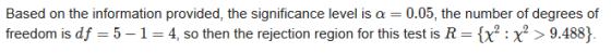 Based on the information provided, the significance level is a = 0.05, the number of degrees of freedom is df = 5-1=4, so the