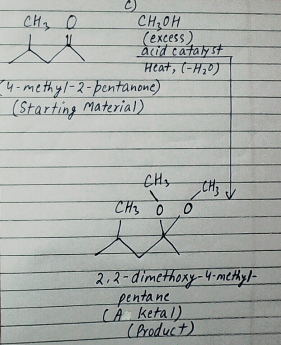 CH₂OH (excess) acid catalyst Heat, (H20 14-methyl-2-pentanone) (Starting Material) - Chez th CH3 2,2-dimethoxy-4-methyl- pent