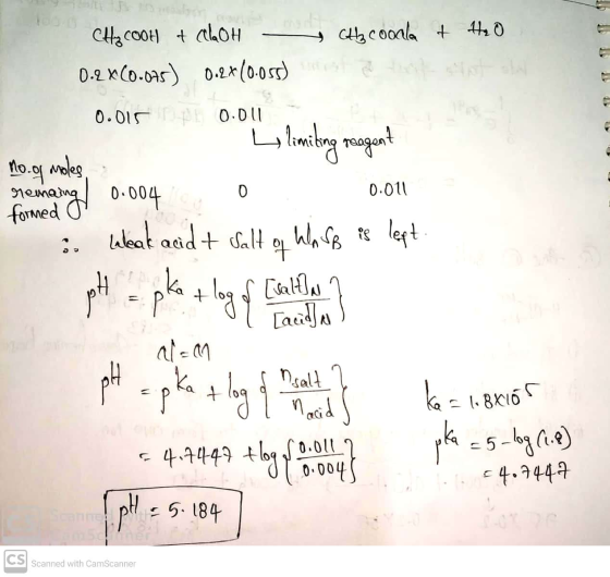 y Cty cooola & H₂O CH₂COOH + GloH 0.2x60.075) 0.2%(0.055) 0.015 C Mo.op moles 0 0.011 remaing formed of ko poly - pko tlong y