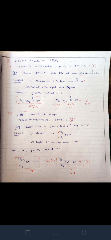 O TAL from moleculer trimia in C34602 Degree of unsaturation: (+1-H₂ = 3+1-6/2 = IP Broad peek at 2500-3500 un o hd ll rump