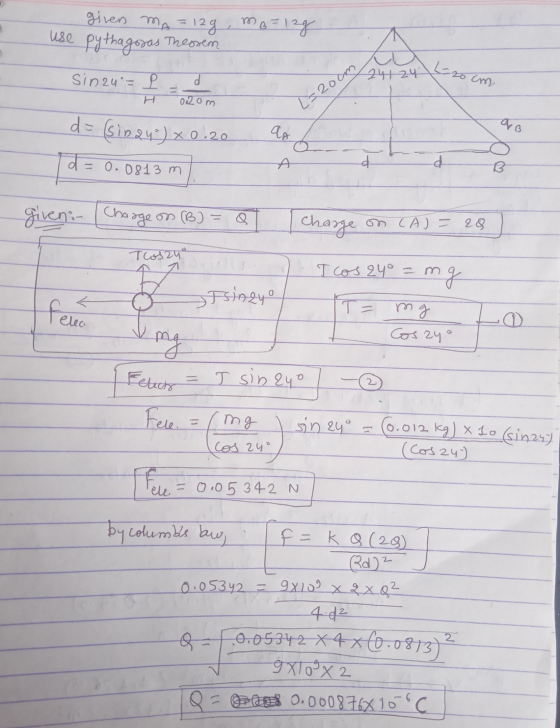 girens mA = 12g, mg=12g use pythagoras Thessem A sinau - L Lerom d 24124 02o [szoom ao d = (sinau) x 0.20 d QA = 0.0813 m d