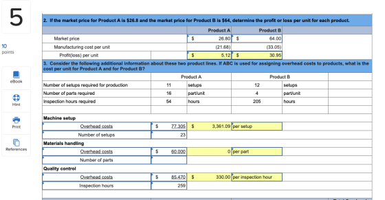 points 2. If the market price for Product A is $26.8 and the market price for Product B is $64, determine the profit or loss