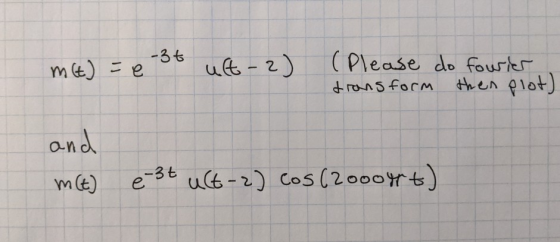 me) = est ult-2) (Please do fourier transform then plot) and m(t) e 3t uct-2) cos (2ooort)