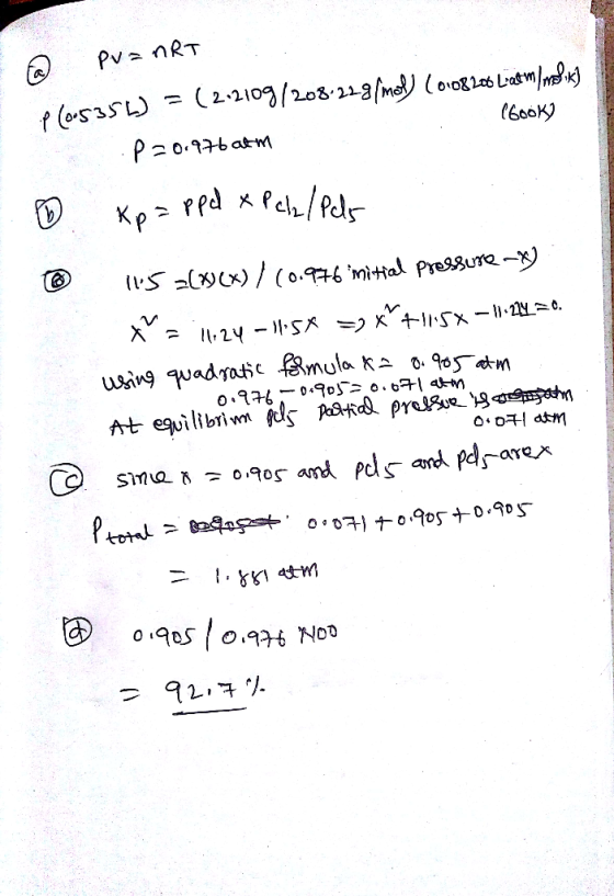 (book) € PV=nRT p(0.5356) =(2.2109/208-22g/mol) (0108206 Latim / molik) p20.976 atm 6 xp = ppd x Pelz/Pds ® 115=(w3(x)/(0.976