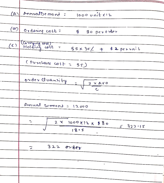 - (Ay Annual De mand 1000 unit x12 - 6 ordering costa $ so perorder (0) Camangwa) Holding cost = 55 x 30% + $ 2 pezunit (Durc