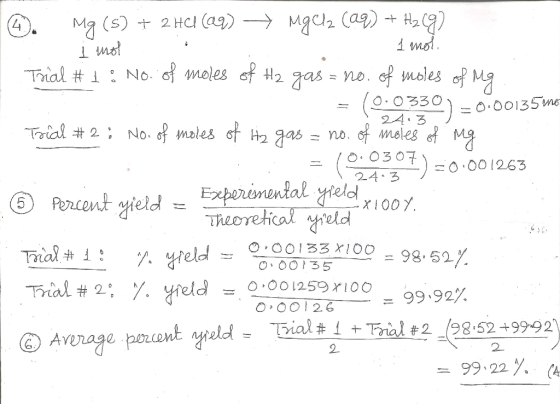 • 1 mol. 24.3 0.001263 ©. Mg(s) + 2H41 (09) + MgA2 (29) + H2(9) i mot i Trial #1: No. of moles of H2 gas = no. of moles of Mg