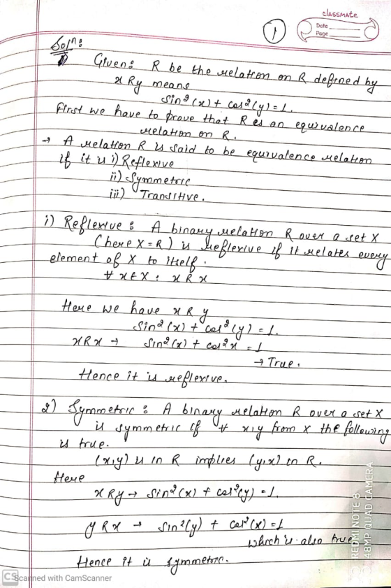 classinate Date Page Gluen: R be the relation on R defined by & Ry means Sina (x) + casa (y) = L first we have to prove that