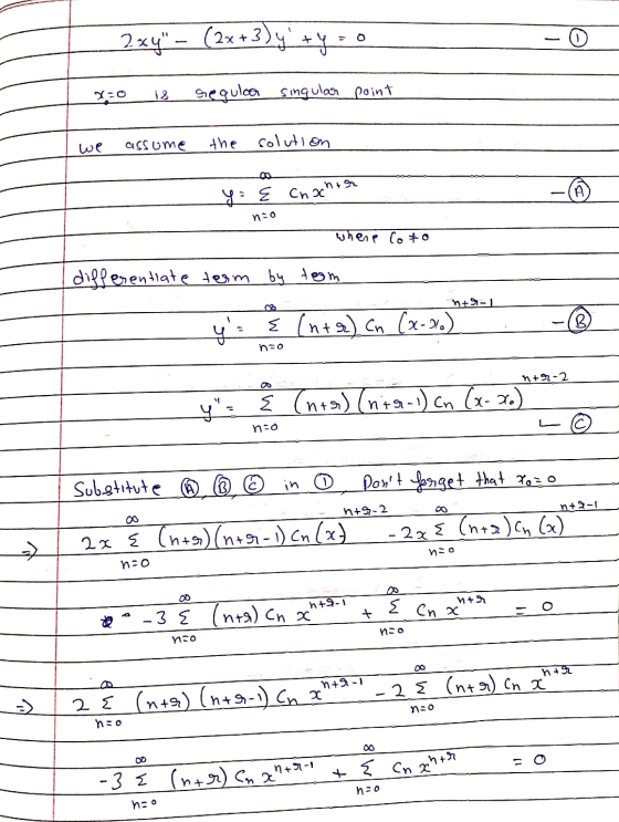 2x4 - (2x + 3) + 20 seguloa singular point assume the solution y = { chach n:o whene Coto differentiate term by term n+-1 y