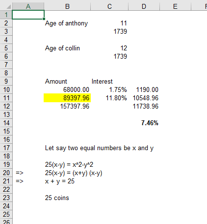 Age of anthony 1739 Age of collin 12 1739 Amount Interest 10 68000.00 1.75% 1190.00 89397.96 11.80% 10548.96 11738.96 157397.96 12 13 7.46% 15 16 17 18 19 20 > 21 Let say two equal numbers be x and y 25(x-y)-x2-y2 25(x-y) (xty) (x-y) xy 25 23 24 25 25 coins