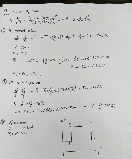 RT W = P. OV= (3x1.013x10 (100-50) 106 0 number of mols n= PV = (1.01x10(solo) 1 - 2.08x 10 mol (1314)(20+273) # At constant