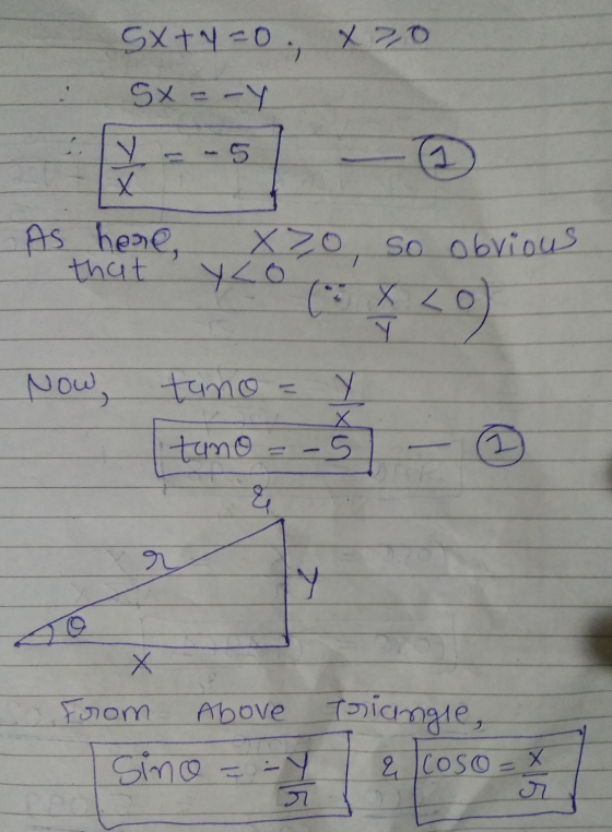 Sx+y=0., X70 5x = -Y Y - 5 X As here, X>0 so obvious that yco (5x co Y - Now, tano Y tomo < X ध ly Х From Above Triangle, Sin