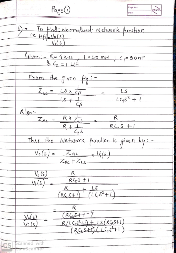 Page No.: Page ① γουν Date: b) to find: Normalised. Network function - ie Hest - Vo(s) Vils) Given; - R=4K2 y L=50 MH ; =50n