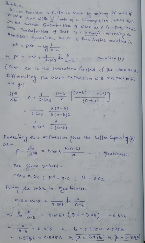 Solution, Let, us Consides a buffer is made aweak auid wih bmole of a str ong base m Hhe mixture Gncen tna Hon of weaK auid C