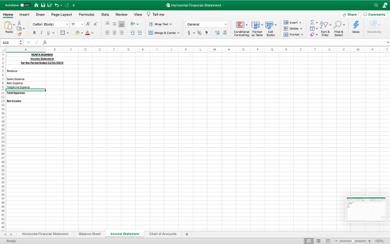 AutoSave OFF ñHE SU Horizontal Financial Statement Home Insert Draw Page Layout Formulas Data Review View Tell me Share 0 Com