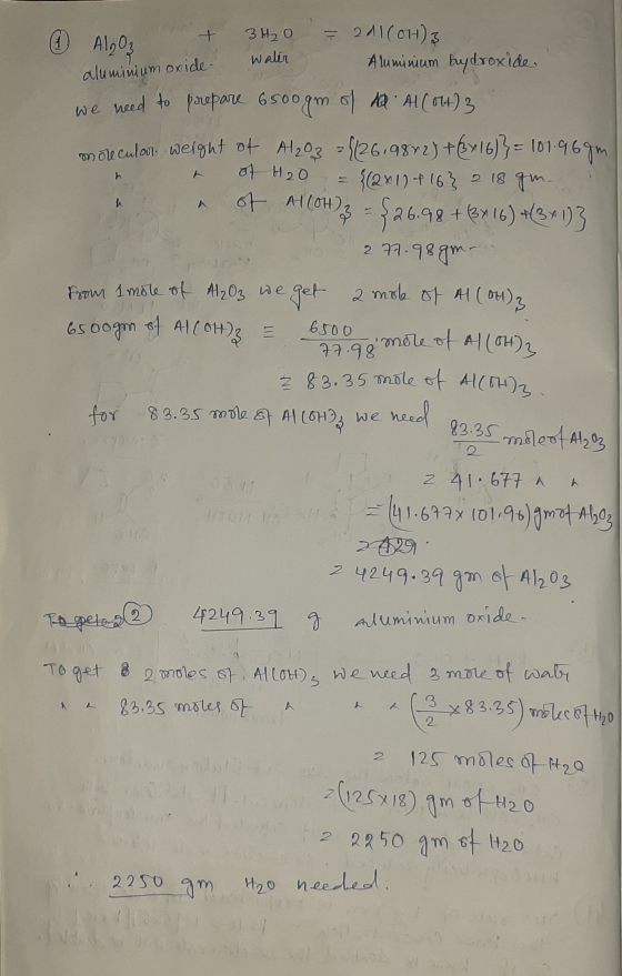 23 1 ALO₂ + 3H₂O = 2.1(OH)3 aluminium oxide Water Aluminium buydroxide we need to prepare 6500gm of a Al(OH)3 molecular weigh