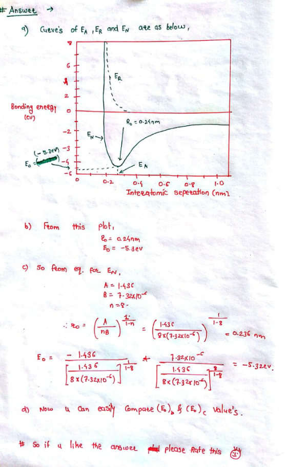 4 Gutves of EA ,ER and Ew aee as below, 2. Bonding enee81 (ev) E. -.3ev)3 Inteeatomic sepeeation (nml. b) this Plot A = 1.43c