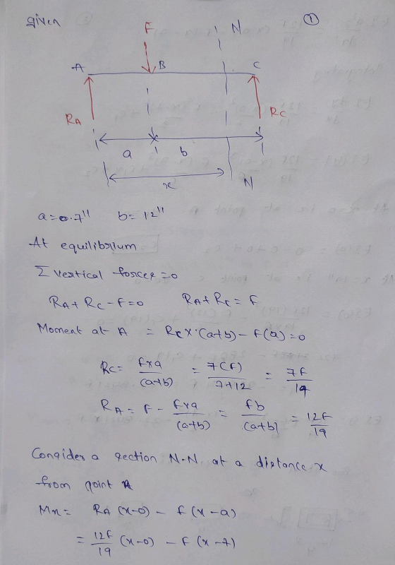 given FINO re a=0.71 b= 1211 a tau At equilibrium toto - o - Cool I reatical forcee so og tris RA+ Rc-f=0 Rat Rear Moment at