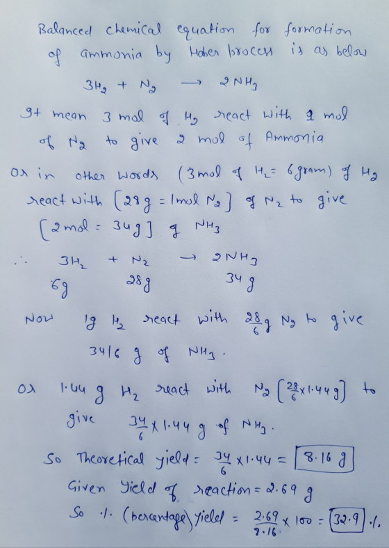 mean Balanced chemical equation for formation of ammonia by Haber process is as below 3H₂ + N - 2NH2 It mean 3 mal of Ho reac