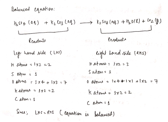 Balunced equation: H₂SO4 (aq) + K₂ coz (aq) → K2 504 (aq) + H2011) + 602 g) Reactants Products Left hand side (LAS) Right han