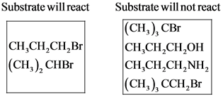 Substrate will react
Substrate will not react
CH,CH,CH,Br
(CH), CHBC
(CH), CBI
CH,CH,CH,OH
CH,CH,CHÁNH,
(CH,), CCH_Br