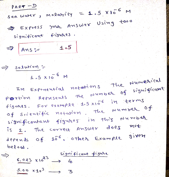 PART D MOlaszity .5 xlo Sea wateY Using teso You Ams wer ExPress fgusres significant 1 5 AMS i.5 x o The Numerical notati on