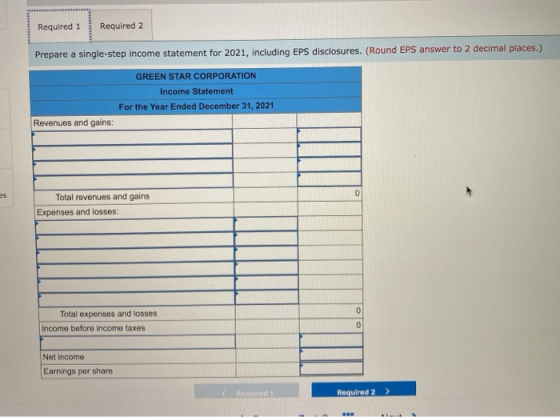 Required 2 Required 1 Prepare a single-step income statement for 2021, including EPS disclosures. (Round EPS answer to 2 deci