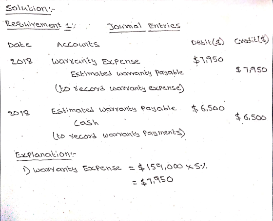 Solubion:- Recouivement 1: Journal Entries Debit(s) Creditt) Date ACCOunts warreinty EXpense 2018 $1.950 $ 1,950 Estimated w