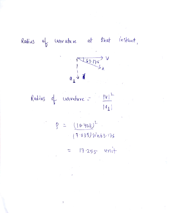 Radius of cannature at that instant, 63.170 v S Radius of wsivutures V 8 = (10.402)² 17.035) sin 63.176 1. = 17.255 unit