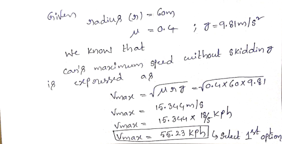 Comy adiug ) .8lm/s We knon hat Can mamun sped ithout Skiddin. cxPwrd i2 ung-o.yxGохд.81 Vmax = 1 15. 344 m1s Vmax КрЬ Vmax
