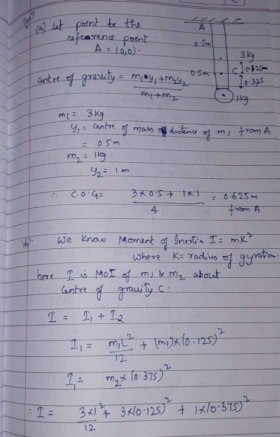 go o let point be the refenrence point on on A = 10,0) . 3 kq centre of gravity = may, tmay 0.5m to c 0-8250m 10.375 mitm2 mi