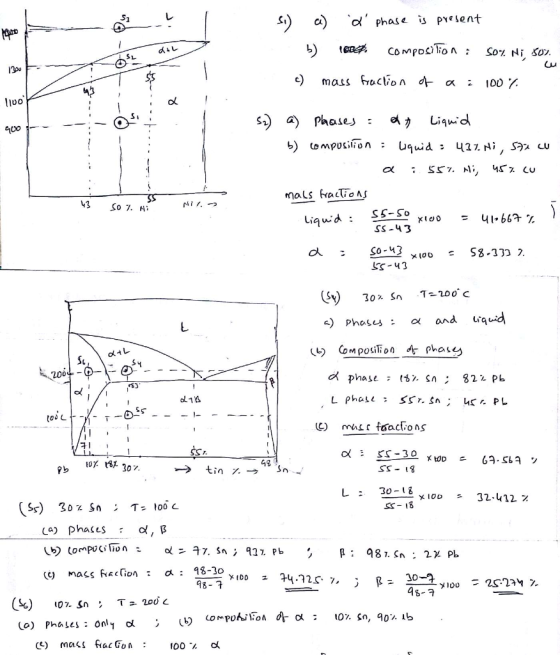 d phase is present b) lept. composition : Som Ni, 507 c) mass fraction of a : 100%. S2) a) plaases = ar Liquid b) composition