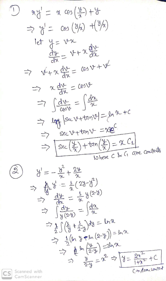 Day = a cos (12) ty > y = cos (1/2) +(3/2) 1. let y=vx . Ca - 1+x) => WEn dat = cos v+v => x dve y = cose > log/sec vitanu/=