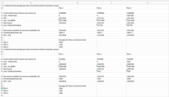 A B с D 9 1. Determine the earnings per share of common stock for each plan, assumi 10 Plan 1 Plan 2 Plan 3 15400000 0 11 Inc