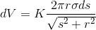 dV = K \frac{2\pi r\sigma ds}{\sqrt{s^{2}+r^{2}}}