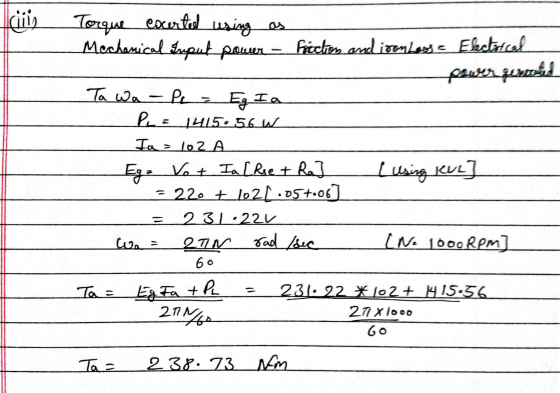 Torque escertid using as Mechanical Input power Frection and ioonkeyse Electrice power funded Ta wa PL = P= Eg I a Pua 1415.5